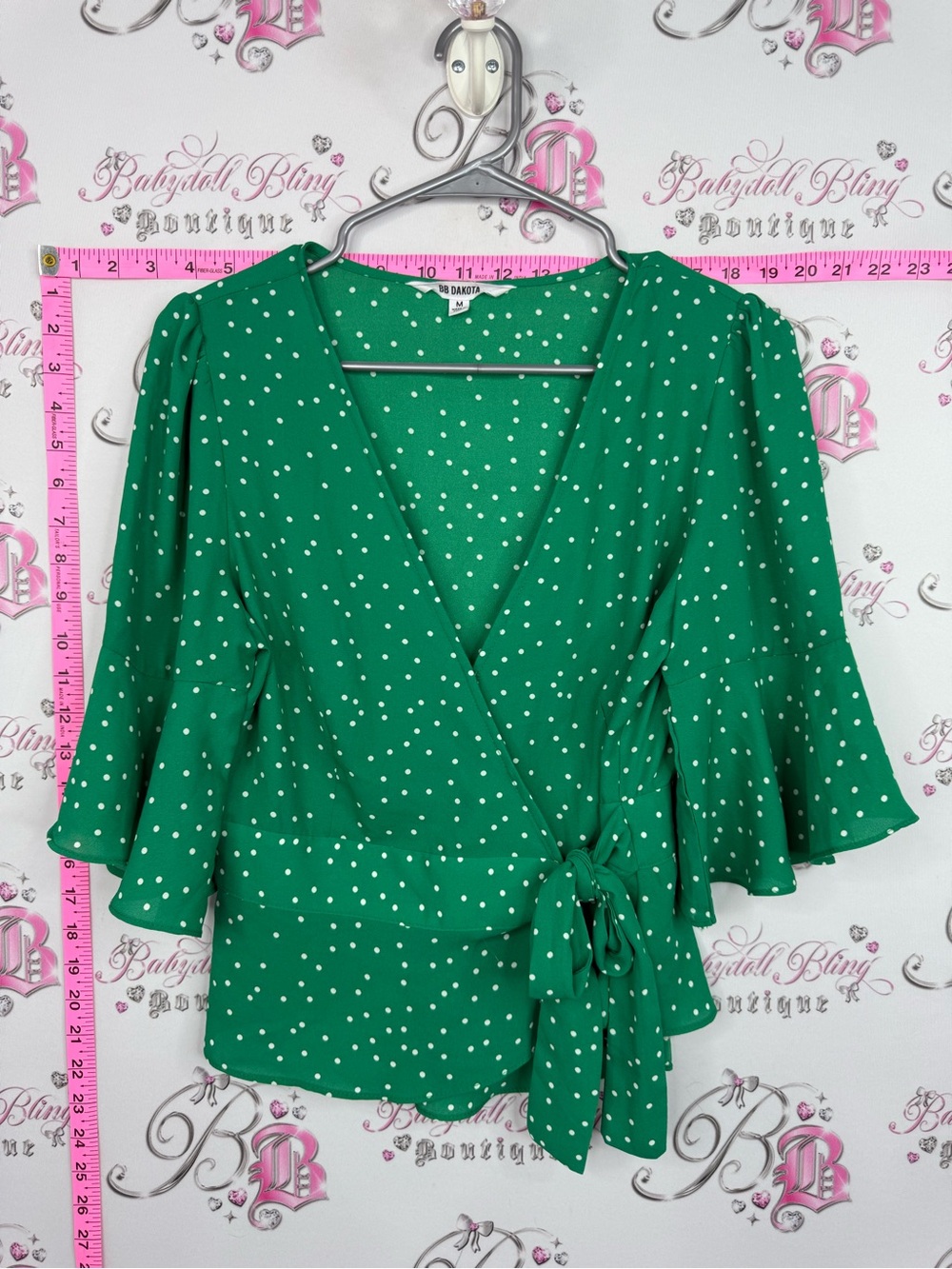 BB Dakota blouse top tie up ribbon Green Polka Dot Wrap Blouse new